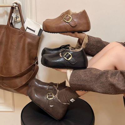 黑色复古风厚底增高加绒勃肯鞋女鞋冬季2025新款保暖防滑毛毛棉鞋