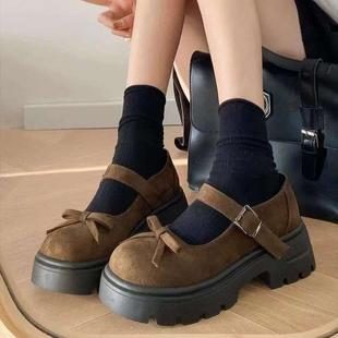 配裙子浅口单鞋 棕色复古厚底增高蝴蝶结玛丽珍小皮鞋 女2025年秋季