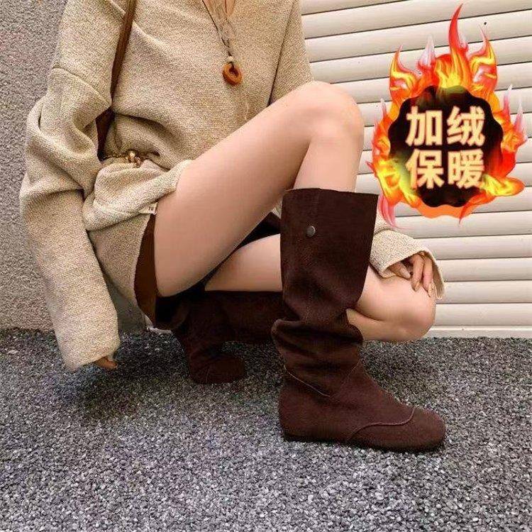 不过膝平底长筒靴女瘦瘦女鞋2025年新款秋冬增高小个子骑士靴长靴