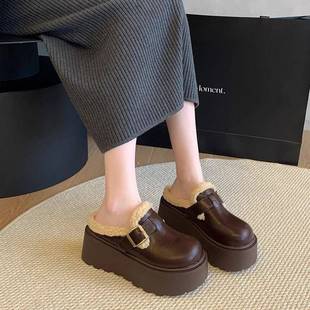 加绒一脚蹬懒人包头半拖鞋 新款 女厚底2025秋冬季 皮面毛毛勃肯拖鞋