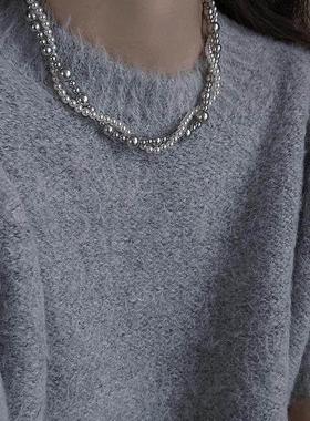 新加坡chomelkinsey灰色珍珠项链女双层叠戴法式高端大气毛衣链秋