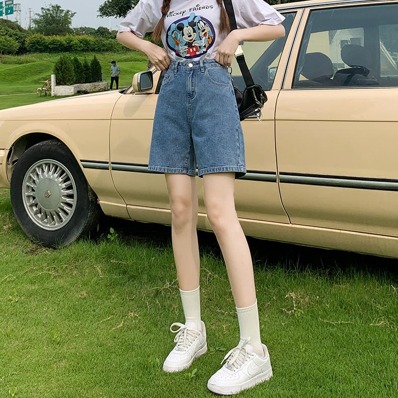 韩国浅色牛仔短裤女五分夏季薄款高腰小个子复古5分直筒中裤潮ins