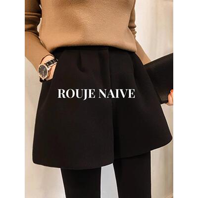 ROUJE NAIVE大码毛呢短裤女春秋新款胖mm宽松高腰a字阔腿靴裤外穿