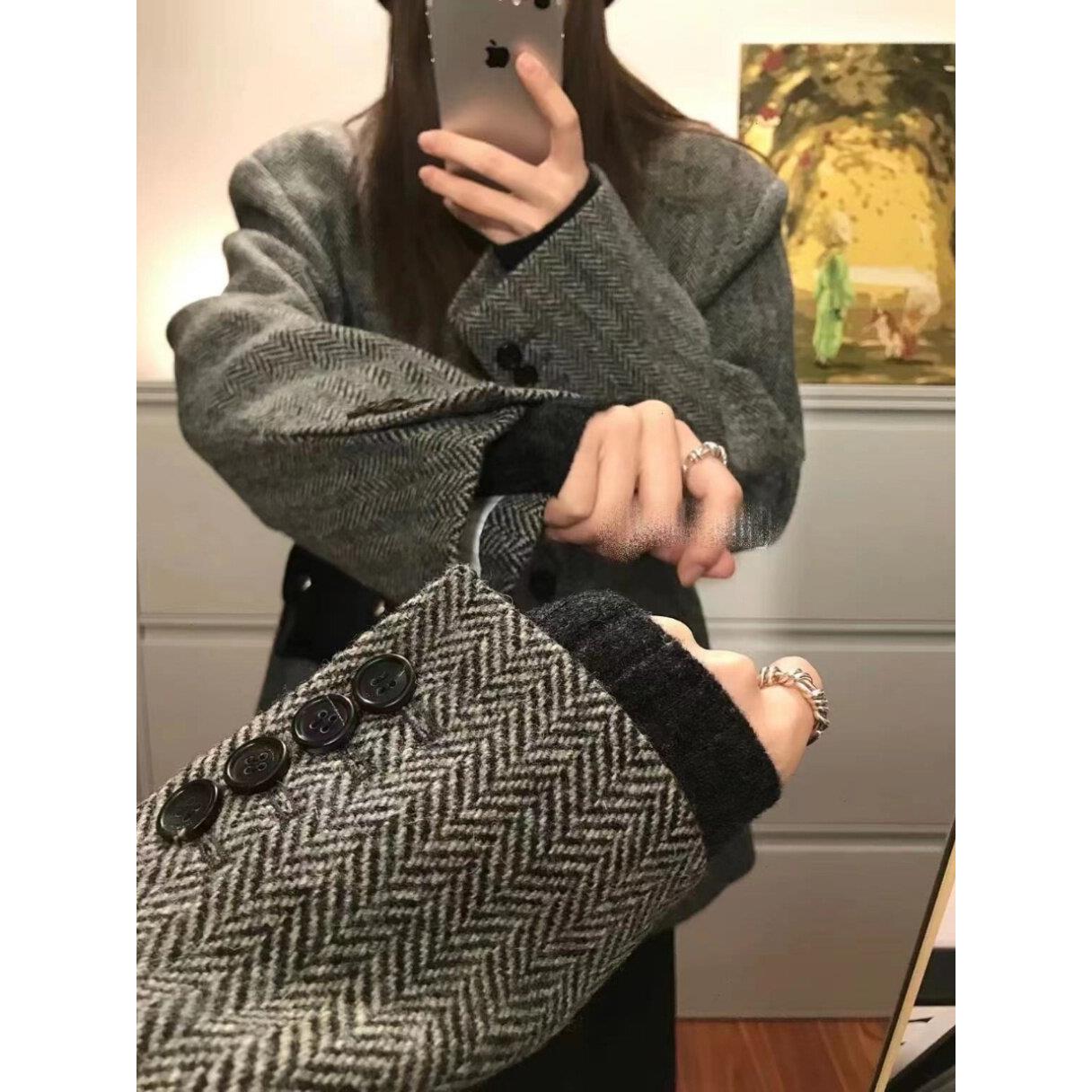 WFYO/2025春新款粗花呢覆古羊毛西装外套女宽松人字纹高级感上衣