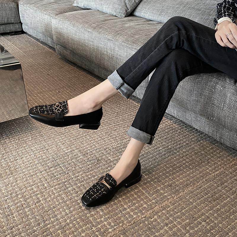 香港小香风单鞋女百搭中跟女鞋2025年新款一脚蹬小皮鞋平底乐福鞋,女鞋,浅口单鞋,淘宝优惠券,粉丝福利购,淘宝优惠卷