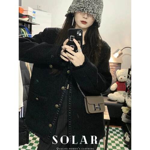 SOLAR/高级感黑色小香风粗花呢外套女2025春秋新款韩版气质上衣潮