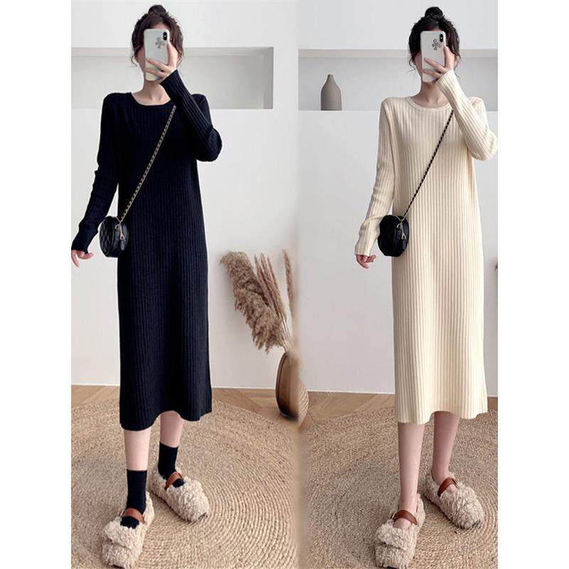 韩国秋冬甜美针织连衣裙女小个子宽松中长款过膝黑色毛衣打底裙子
