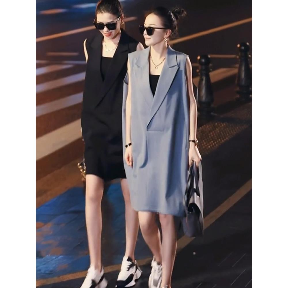 无袖西装洋装女2025夏欧货时尚覆古气质名媛风宽松大版西服短裙