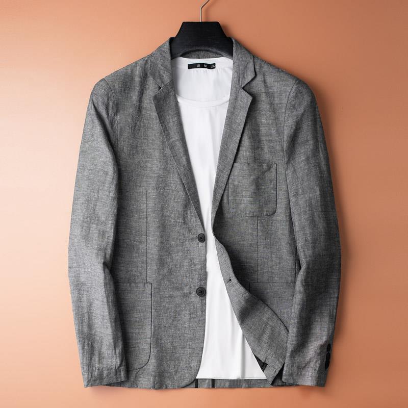 轻奢休闲西服上衣男春秋季薄款亚麻棉麻修身单西韩版高端小西装