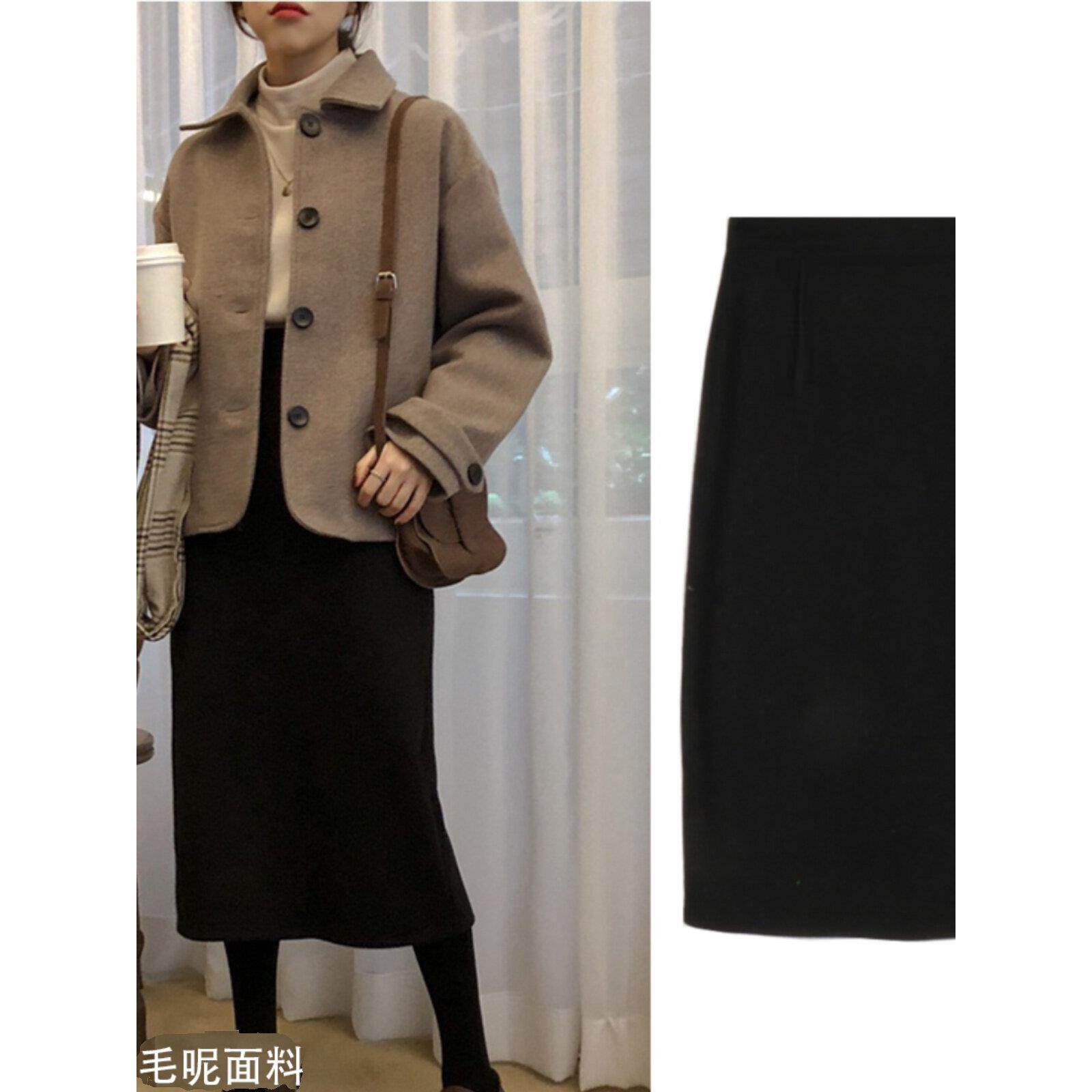 韩国女装秋冬覆古毛呢半身裙中长款直筒裙女高腰呢子开叉裙一步裙