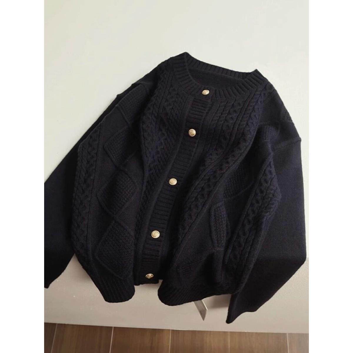 小香风毛衣外套女春秋2025新款覆古大码宽松黑色麻花针织开衫上衣