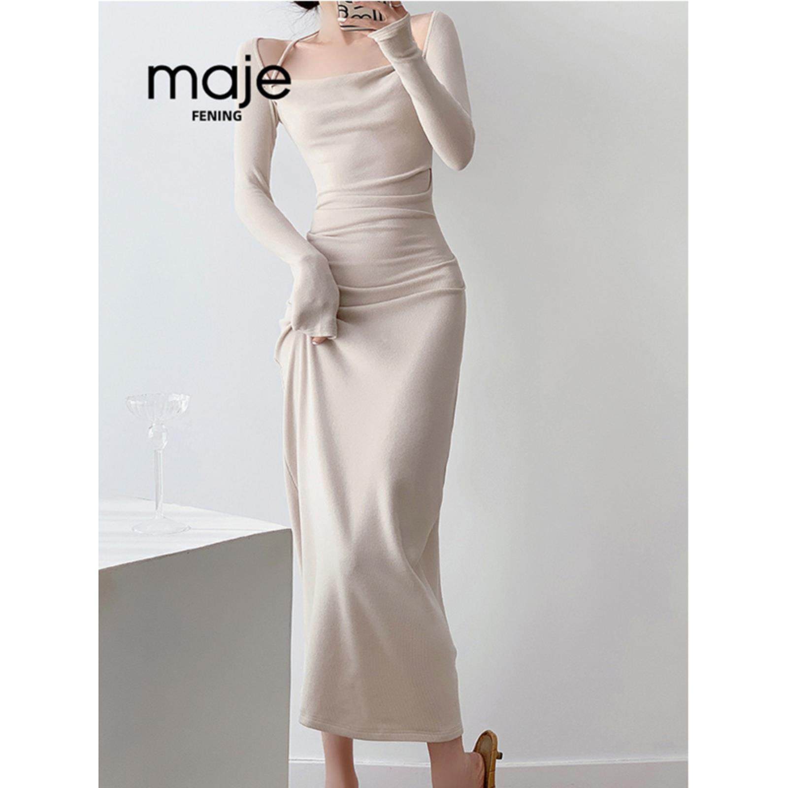 高端定制 彷羊绒方领纯欲秋冬挂脖长裙女显瘦气质长款针织连衣裙