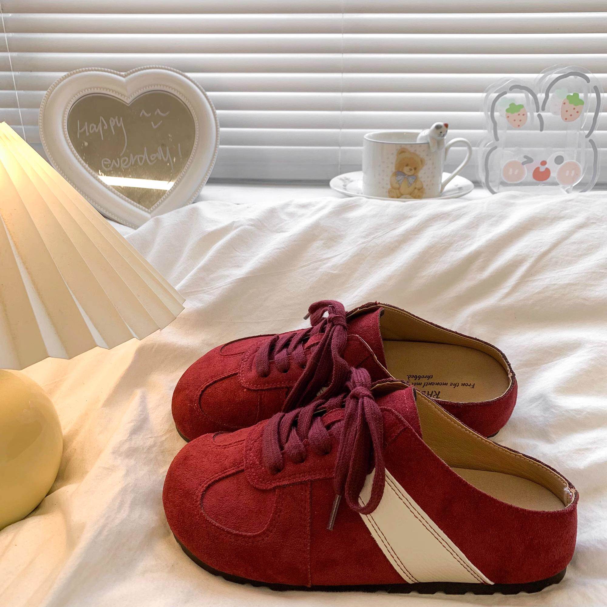 英国真皮厚底包头半拖鞋女春夏季外穿2025新款爆款红色德训鞋凉拖