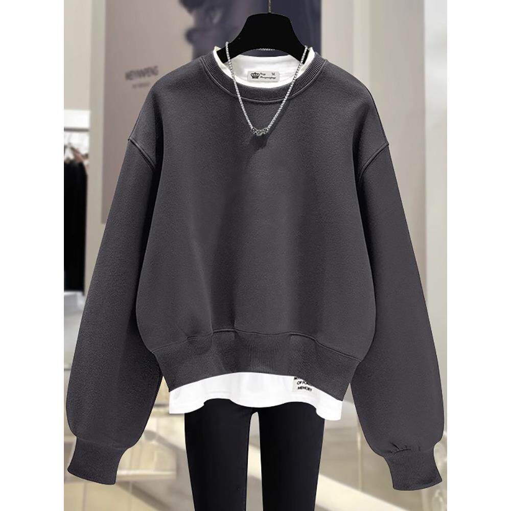 2025春秋新款假两件上衣女宽松休闲显瘦美式减龄漂亮圆领套头卫衣