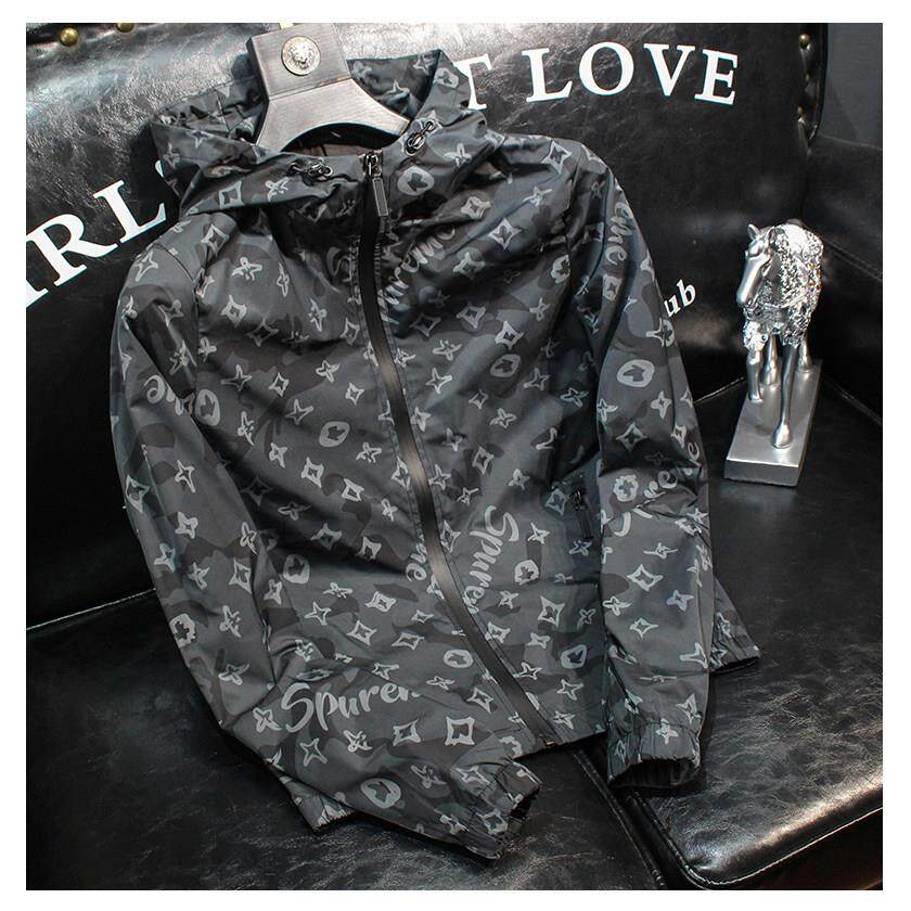 欧洲站潮流老钱风外套男士简约连帽上衣短款修身印花夹克