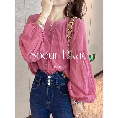 法国SOEUR BKAC法式设计感粉色灯笼袖雪纺衬衫女春季洋气百搭衬衣