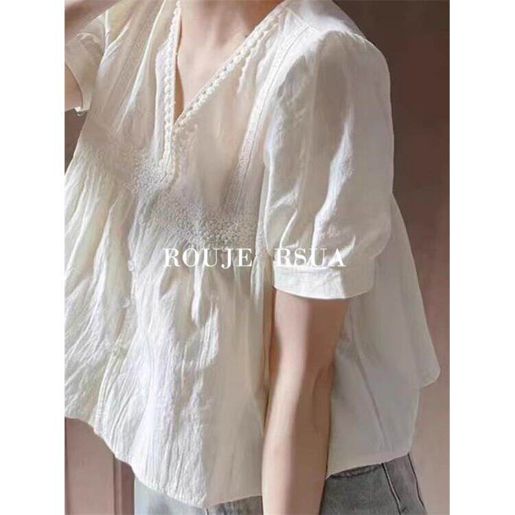 ROUJE RSUA法式新款小个子娃娃衫宽松泡泡袖白色V领短袖衬衫女夏