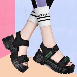 运动凉鞋 女 女外穿ins潮沙滩黑色夏季 魔术贴松高跟厚底轻便休闲鞋