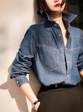 法国Rixo Kelly深蓝色牛仔衬衫新款覆古水洗休闲衬衣秋冬叠穿外套