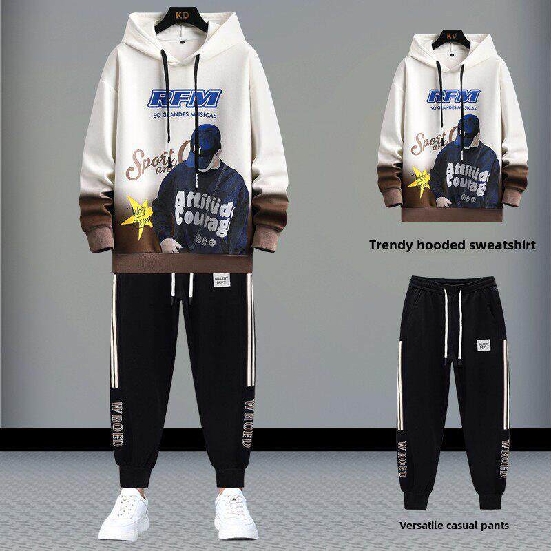 加绒青少年卫衣套装男孩秋冬季外套初中学生帅气大童连帽运动男装