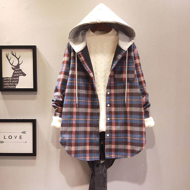 韩国2025春秋季新款休闲连帽格子衬衫女薄款中长覆古宽松显瘦外套