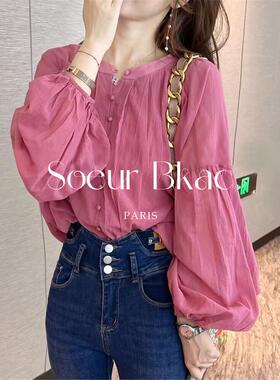 法国SOEUR BKAC法式设计感粉色灯笼袖雪纺衬衫女春季洋气百搭衬衣
