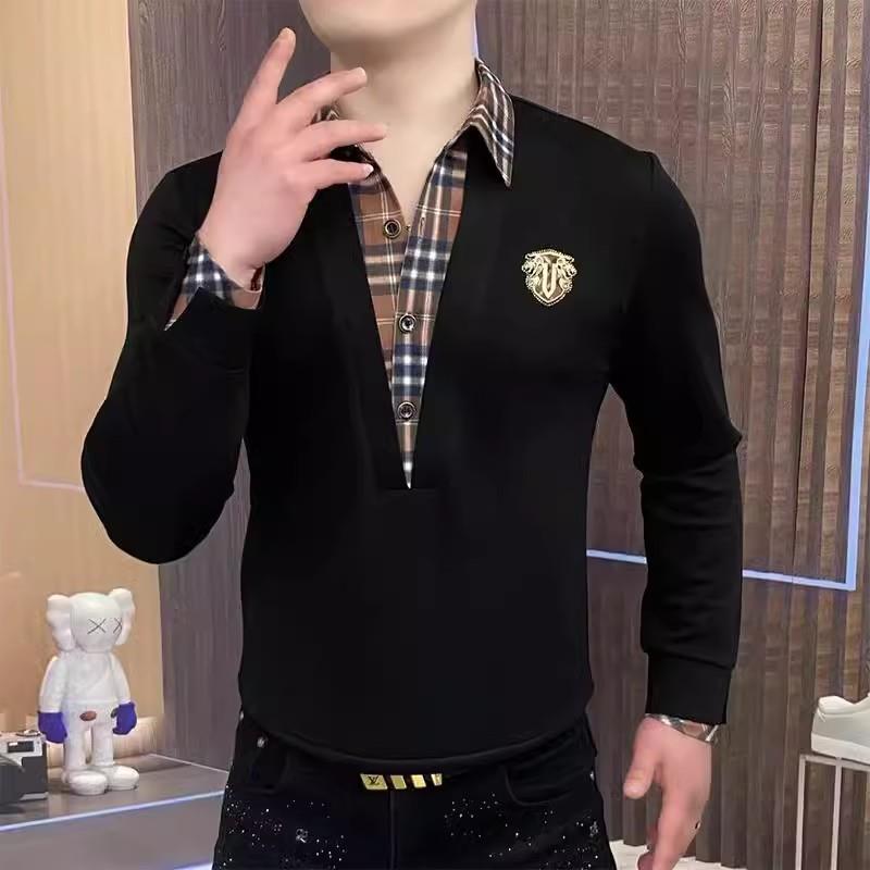 高端潮牌假两件欧货卫衣男春秋纽扣格纹体恤打底轻奢弹力百搭上衣