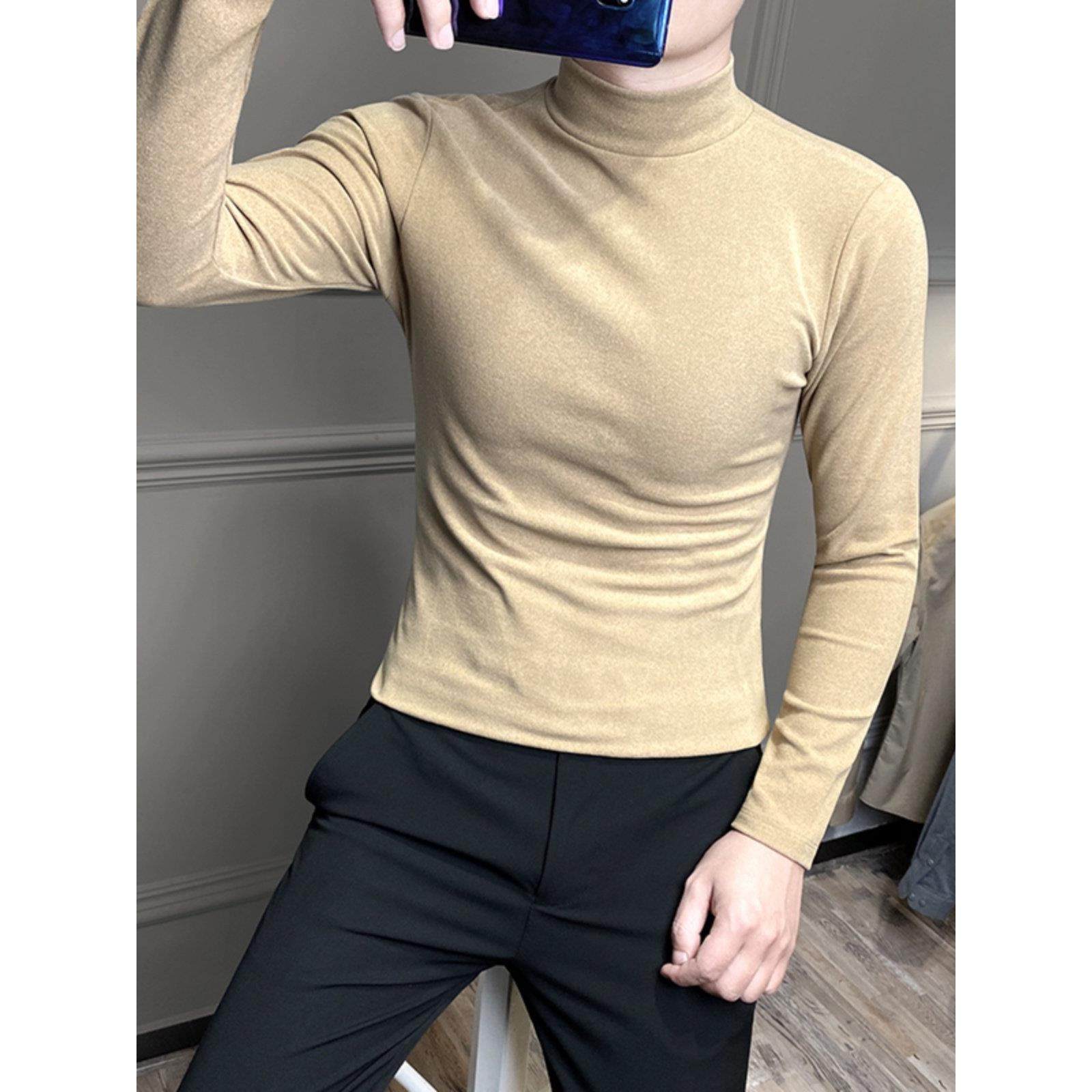 轻熟风半高领长袖t恤男装2025新款内搭秋冬季双面德绒修身打底衫