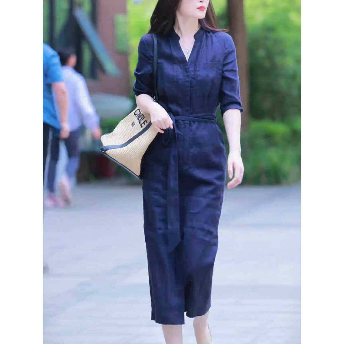 欧洲站气质V领亚麻连衣裙女2025年夏季新款收腰显瘦宽松衬衫长裙