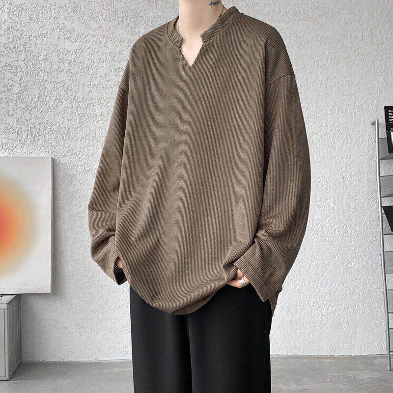 针织V领长袖t恤男士春秋季加肥加大码打底衫设计感麦穗条纹卫衣服