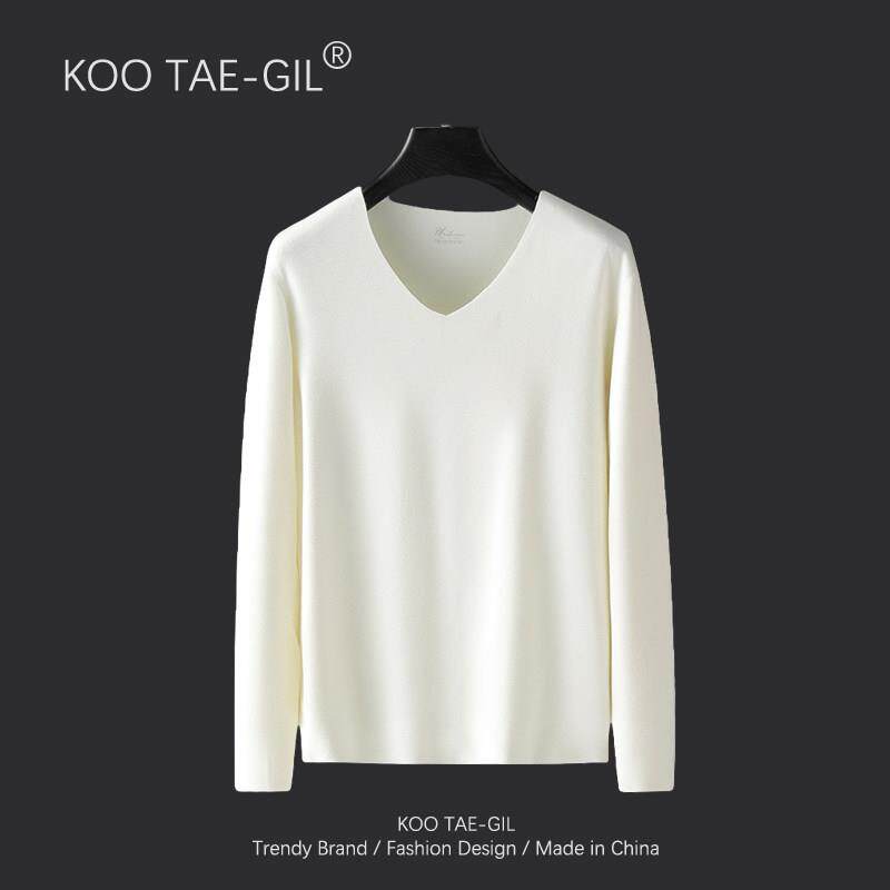 羽毛蛋白德绒保暖内衣男士冬季加绒秋衣V领长袖T恤无痕白色打底衫