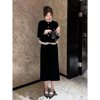 欧洲站2025秋季新款小香款时尚西式丝绒套装裙赫本气质修身两件套