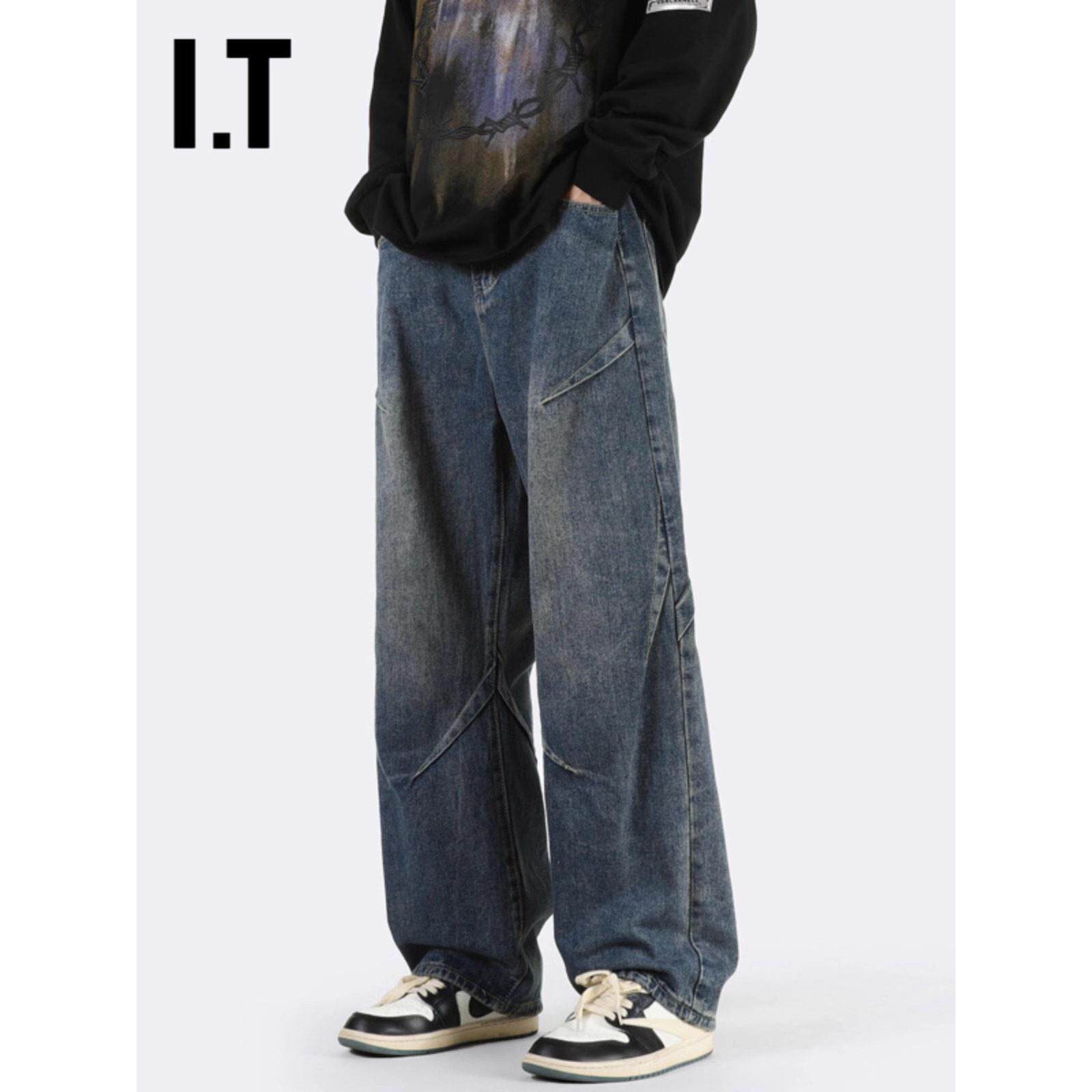 潮牌春秋款美式覆古阔腿牛仔裤男士宽松直筒长裤高街褶皱工装裤子