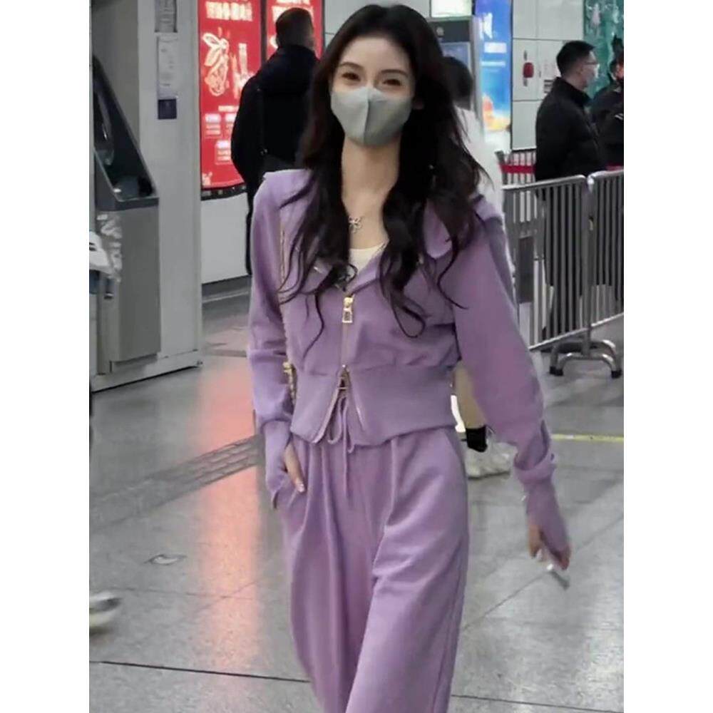 欧洲站休闲运动套装女春秋2025年新款时尚洋气紫色卫衣卫裤两件套