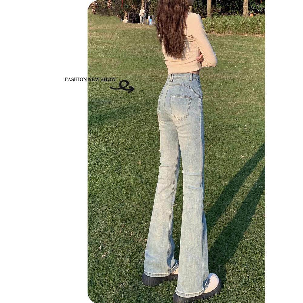 2025年夏季适合小个子女性的浅色靴型牛仔裤新韩式松紧带高腰修身