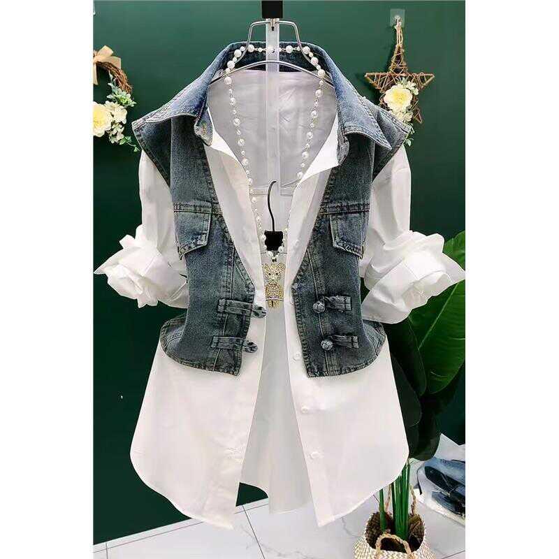 香港大码假两件牛仔马甲拼接衬衫女胖mm时尚覆古气质条纹外套春秋