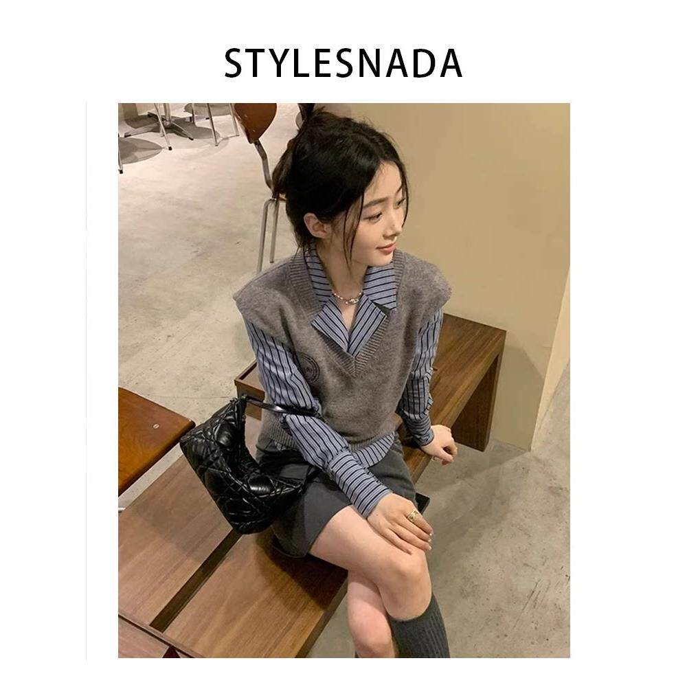 韩国STYLESNADA学院风搭配一整套毛衣马甲衬衫短裙子两件套装时尚