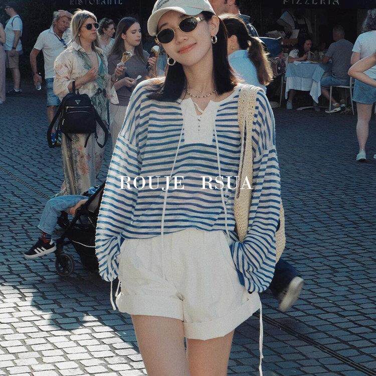 ROUJE RSUA法式宽松上衣外搭显瘦防晒长袖条纹T恤女夏季薄款罩衫