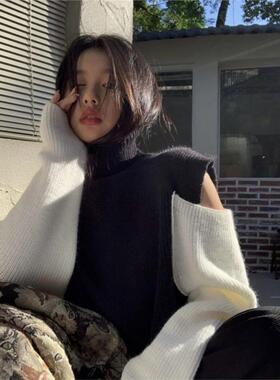 法国Rouje Renksy设计感小众露肩高领毛衣女黑白拼接袖子针织衫