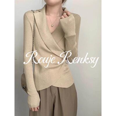 法国rouje renksy法式简约正肩V领交叉显瘦内搭针织衫女春季毛衣