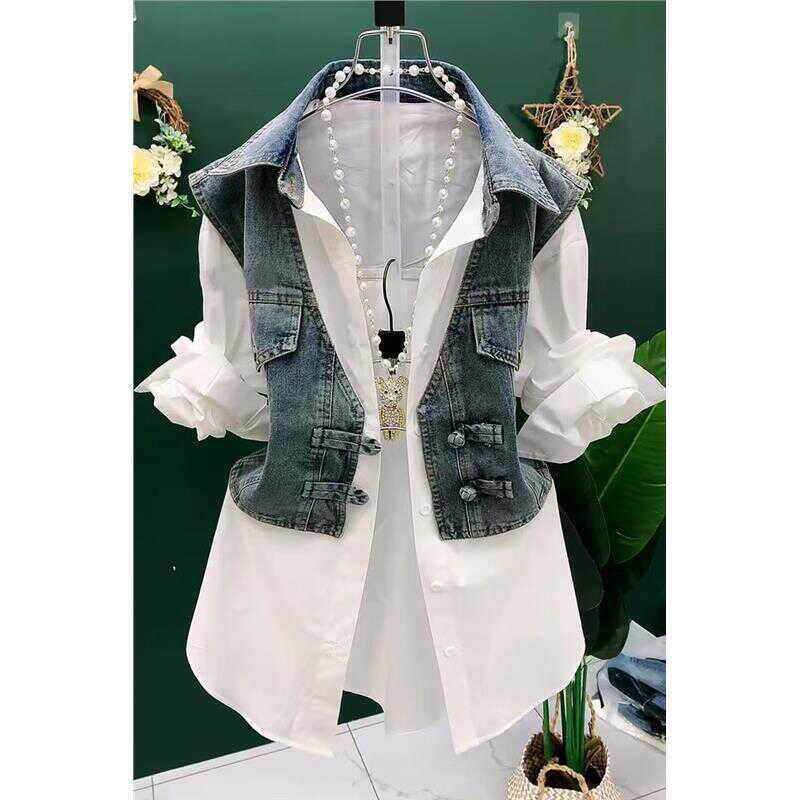 香港大码假两件牛仔马甲拼接衬衫女胖mm时尚覆古气质条纹外套春秋