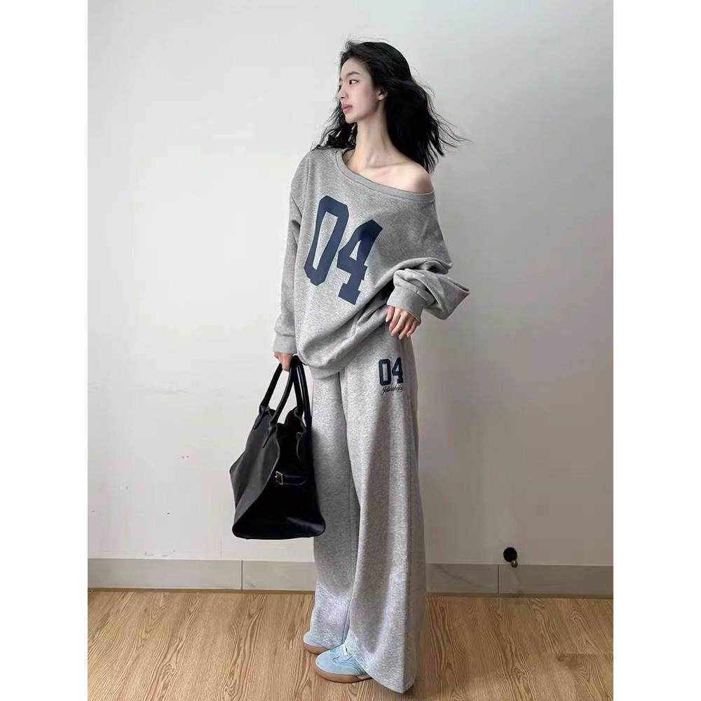 LILY MOST斜肩卫衣休闲时尚两件套2025春季新款洋气阔腿裤套装女