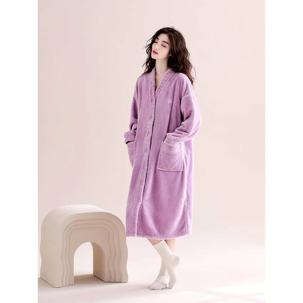 高级感睡袍女士秋冬款冬季珊瑚绒加绒加厚家居服长款浴袍晨袍睡裙