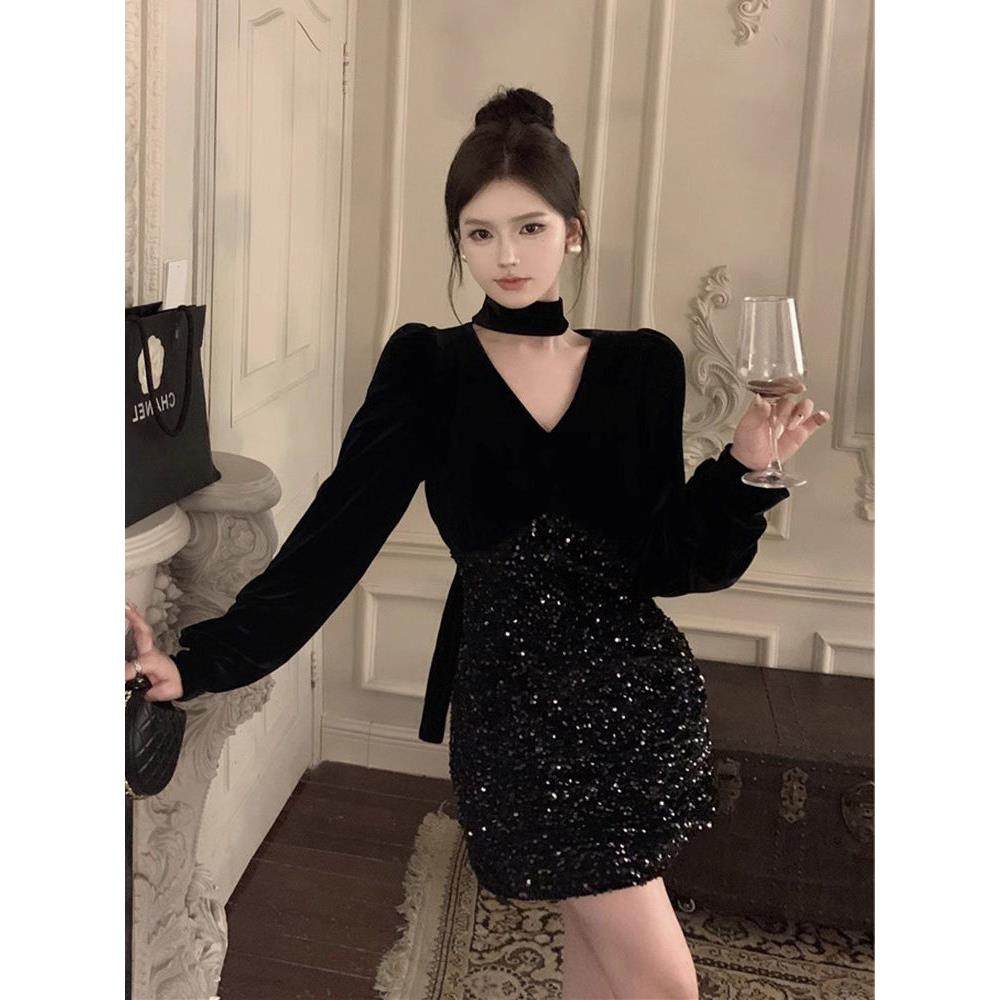 法国黑色亮片V领金丝绒女装春夏小香名人紧身短裙生日礼服
