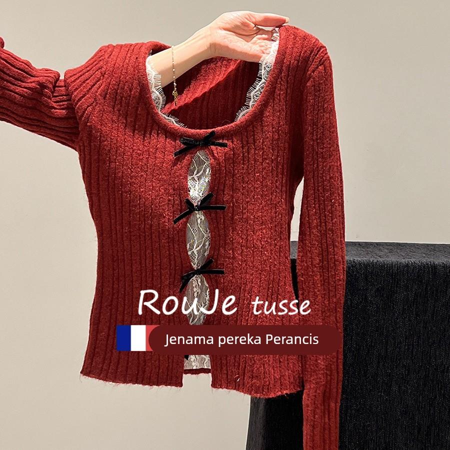 Rouje tusse过年红色毛衣女假两件蕾丝拼接针织开衫法式羊毛衫潮