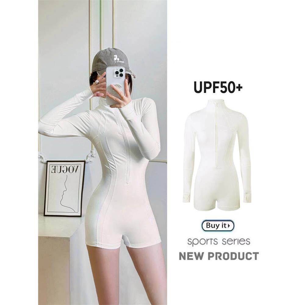 专业级防晒UPF50+冲浪游泳衣女士款长袖平角连体速干潜水服水母衣