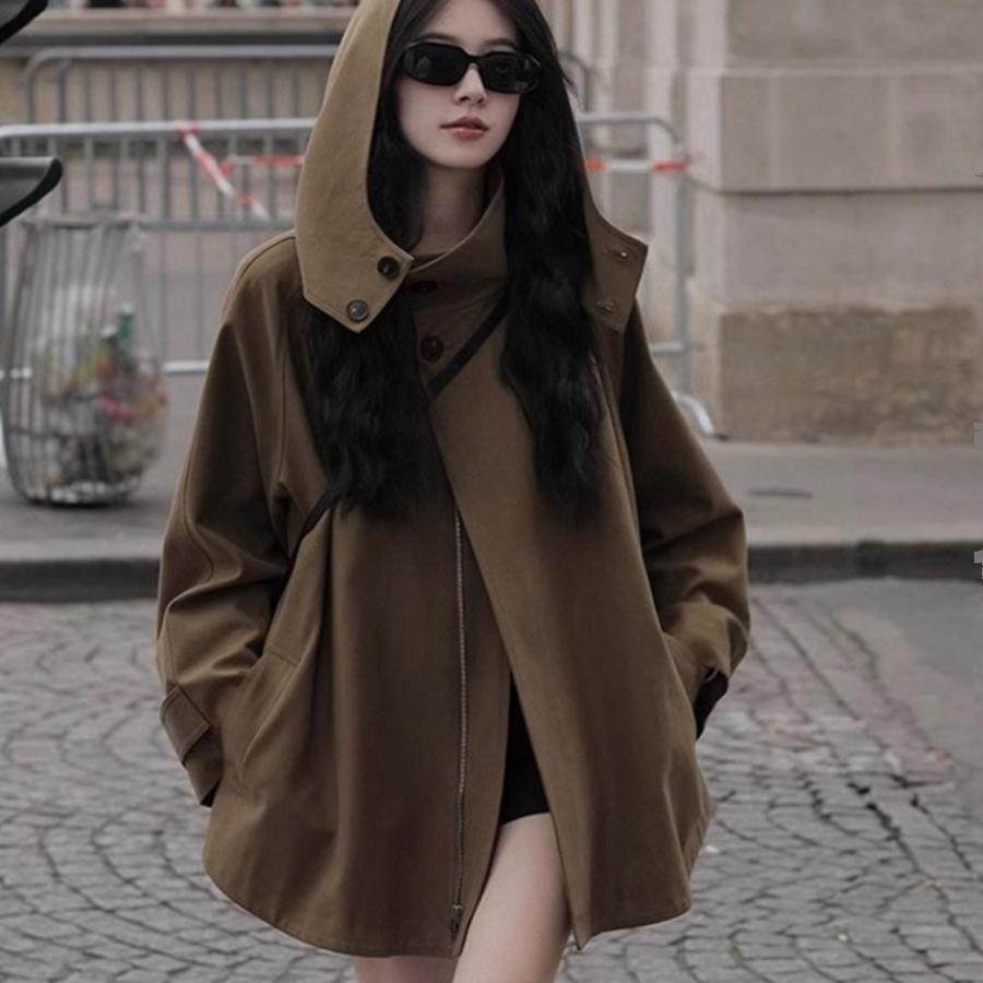 法国Rouje Moaks美拉德棕色斗篷风衣女2025秋冬宽松连帽短款外套