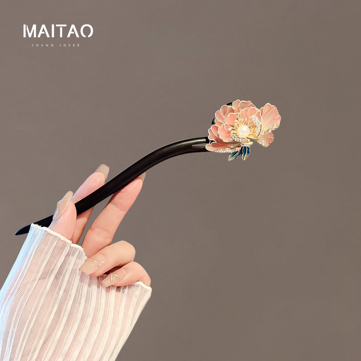 牡丹花发簪新中式女2025新款高端木头质汉服头饰发饰檀木国风簪子