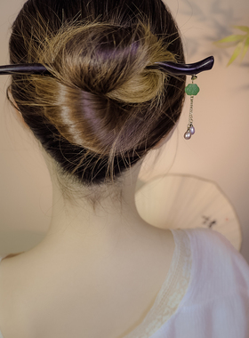 新中式绿色祥云檀木发簪高级感旗袍步摇簪子女古风头饰马面裙配饰