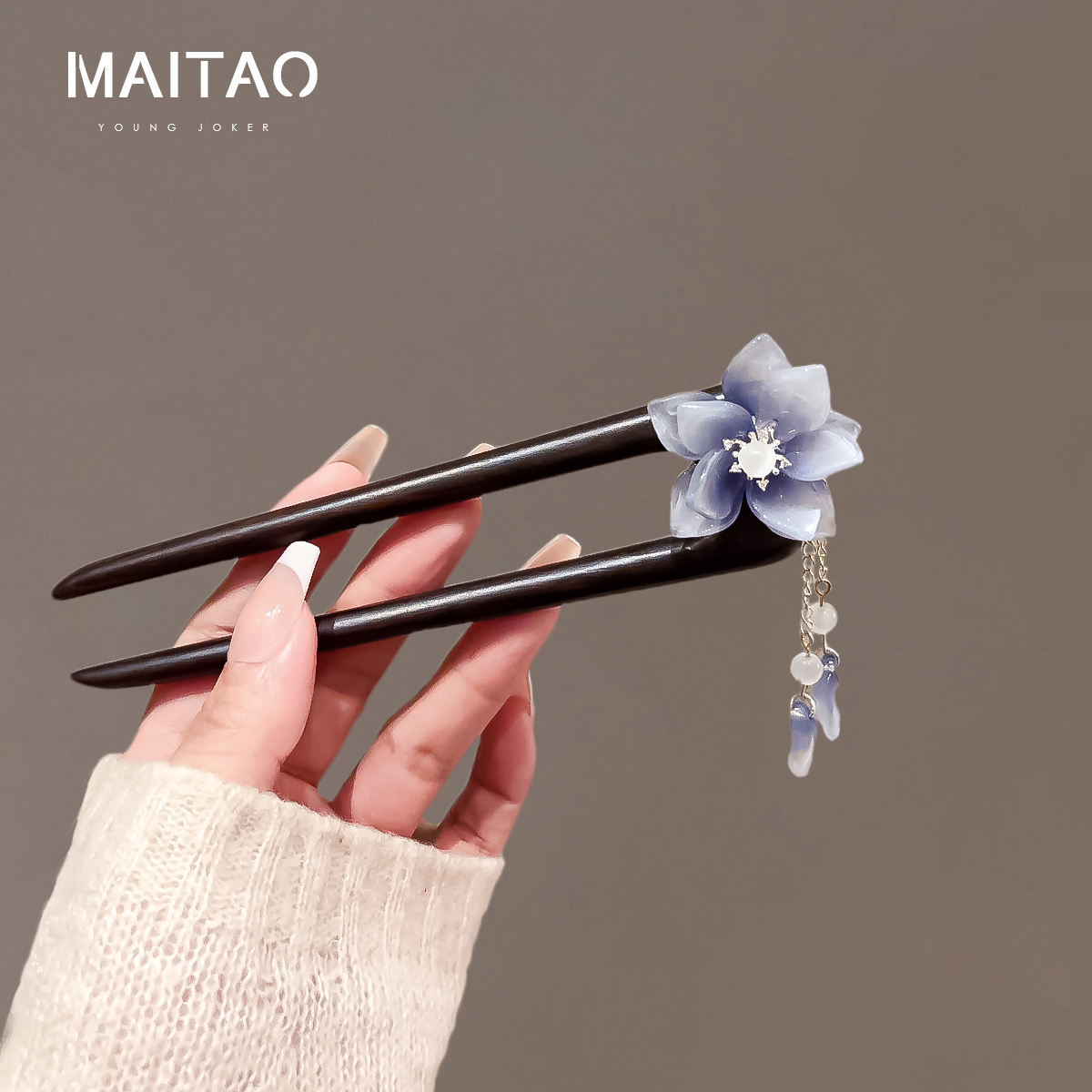 中式莲花双钗发簪女高级感发钗子复古风黑檀木头簪子挽发U型头饰